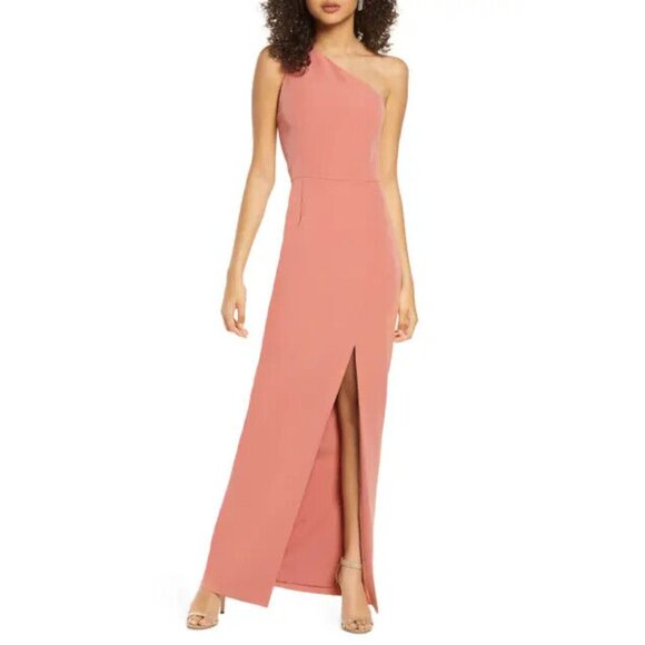 WAYF Persimmon Pink Salmon The Lenore One Shoulder Column Front Slit Dress P3822 - Picture 1 of 9
